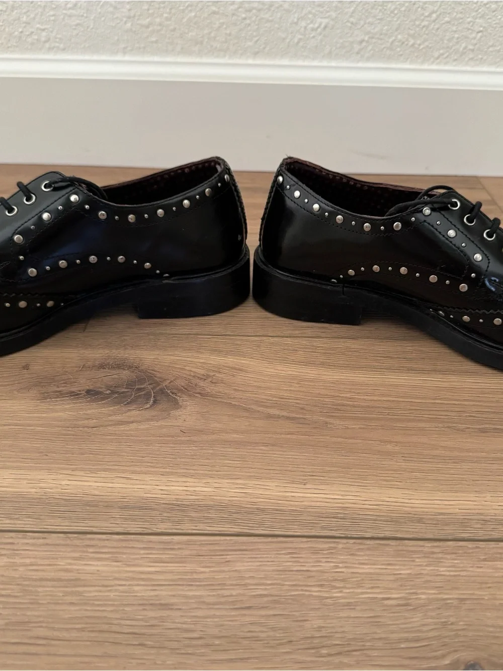 L&B Black Leather Studded Wingtip Oxfords
